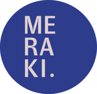 A blue circle with the word "MERAKI." in large, light-colored, vertically stacked capital letters.